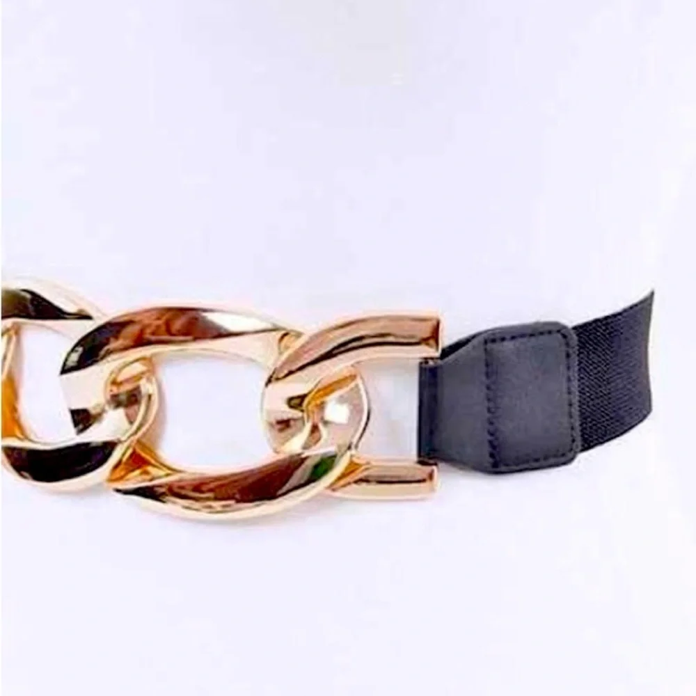 Plus Size Chunky Black & Gold Metal Elastic Statement Belt